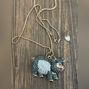 Betsy Johnson Rhinestone Pig Pendant Necklace - Gray & Clear Crystals
